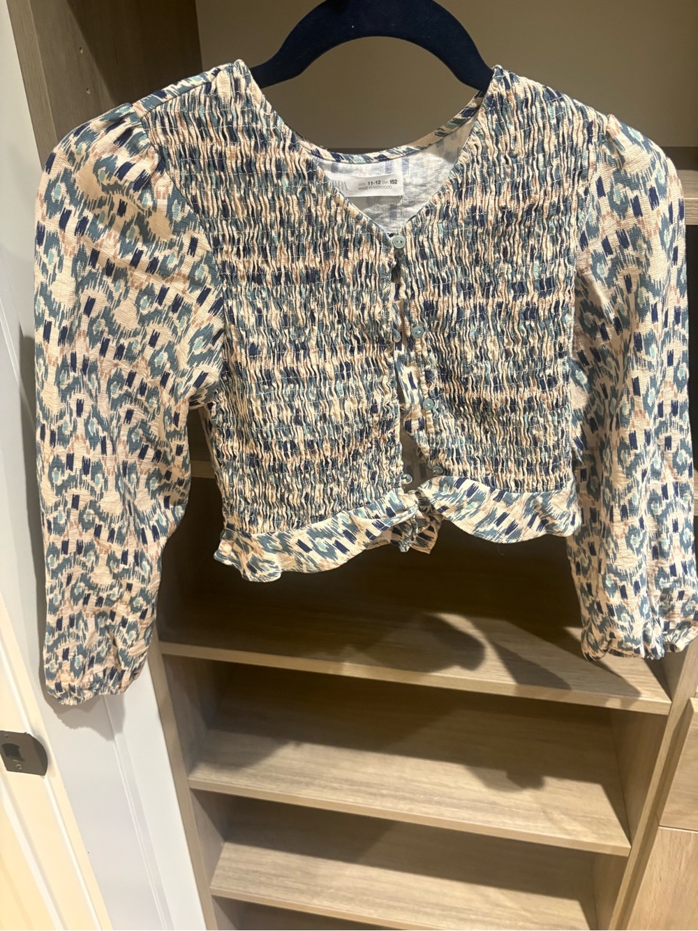 Smocked Tie-Front Girls' Top in Beige and Blue Print
